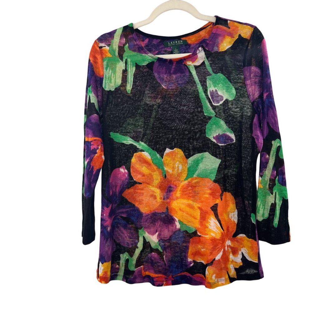 Ralph Lauren W's Top L Semi-sheer Vibrant Multicolor Floral 100% Linen
